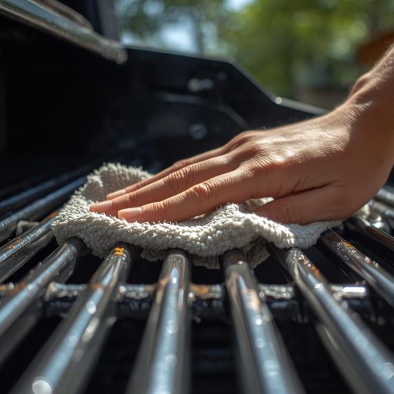 cleaning a grill with a cloth