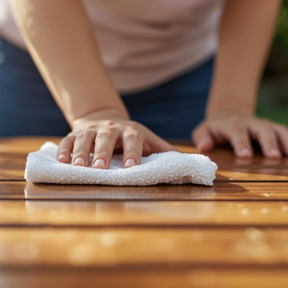 outdoor table cleaning with white wipe (1)